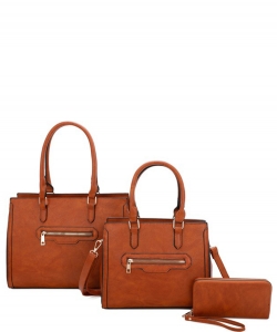 3 in 1 Plain Zipper Fashion Handbag Set LF22511 BROWN